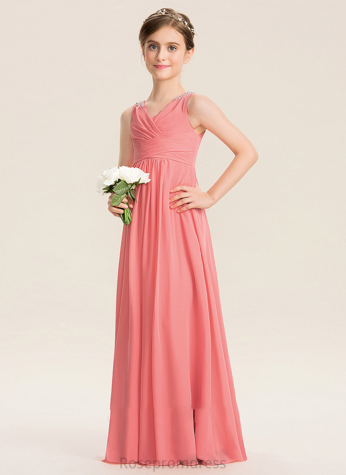 Junior Bridesmaid Dresses Penny EmpireV-neckFloor-LengthChiffonJuniorBridesmaidDressWithRuffleBeadingSequins#173291