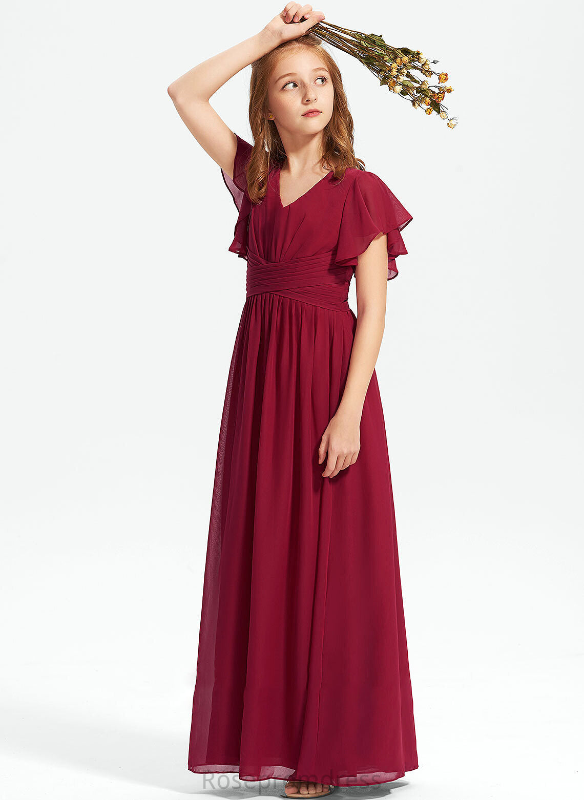 V-neck A-Line Ruffle Jayden Chiffon With Floor-Length Junior Bridesmaid Dresses