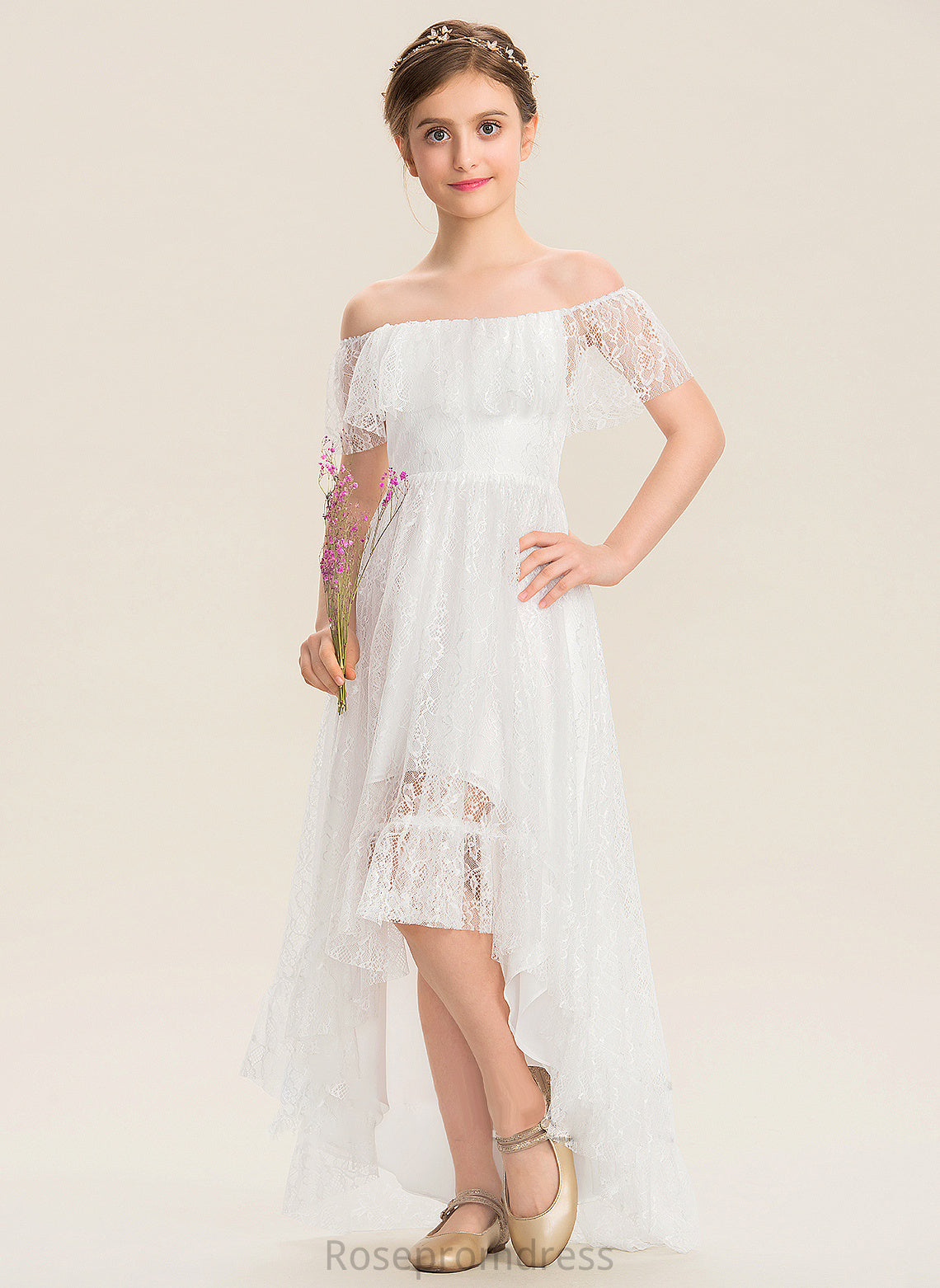 Junior Bridesmaid Dresses Off-the-Shoulder Lace Elizabeth Asymmetrical A-Line