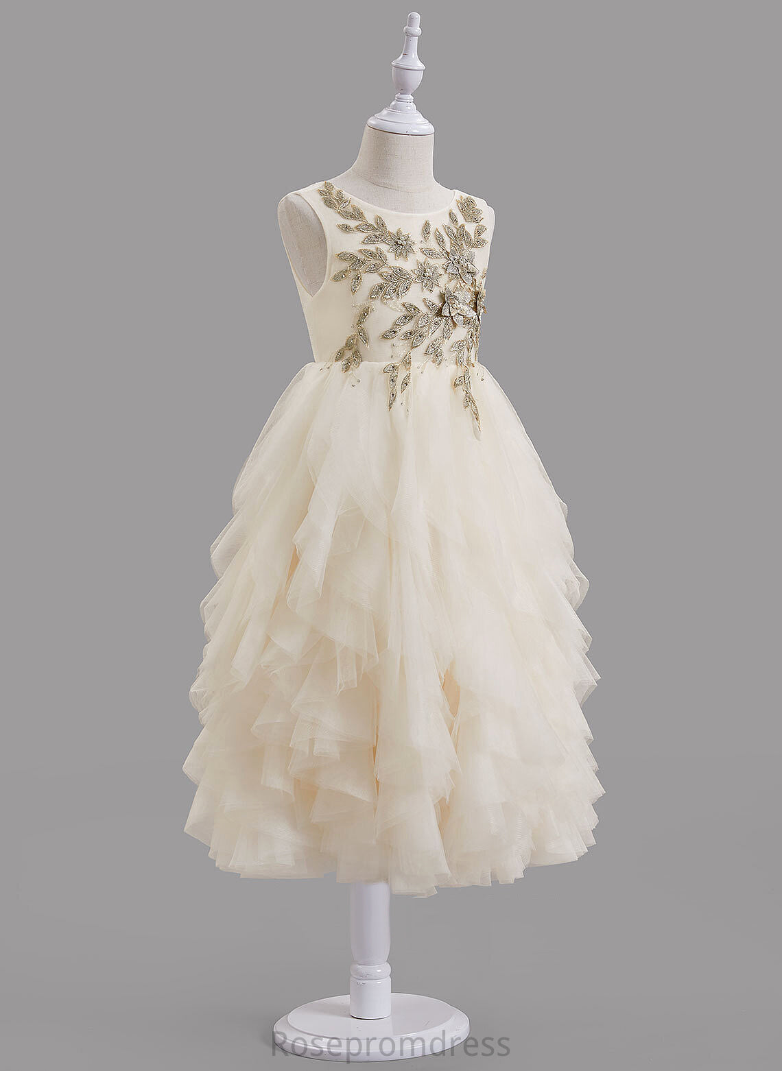 Tea-length Tulle/Lace Scoop Flower Dress Sleeveless A-Line - Beading/V Flower Girl Dresses Neck Girl Jakayla With Back