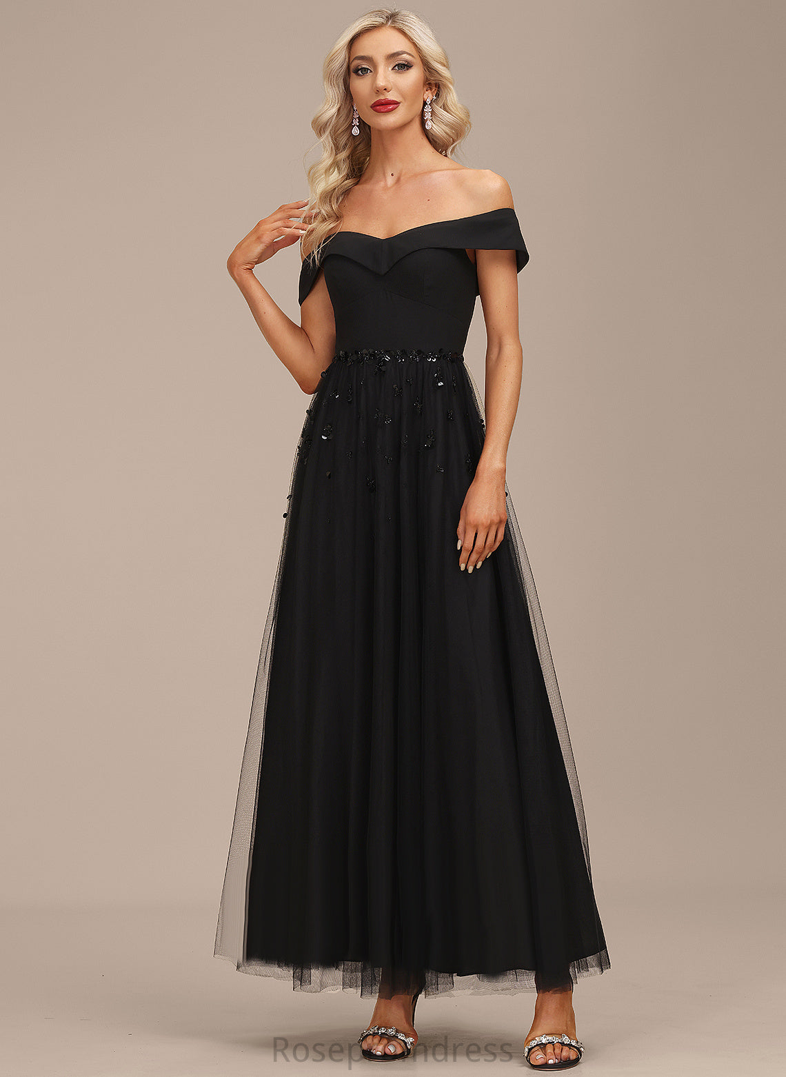 Miya Ankle-Length Dress A-Line Cocktail Cocktail Dresses Tulle With Off-the-Shoulder Sequins Chiffon Beading