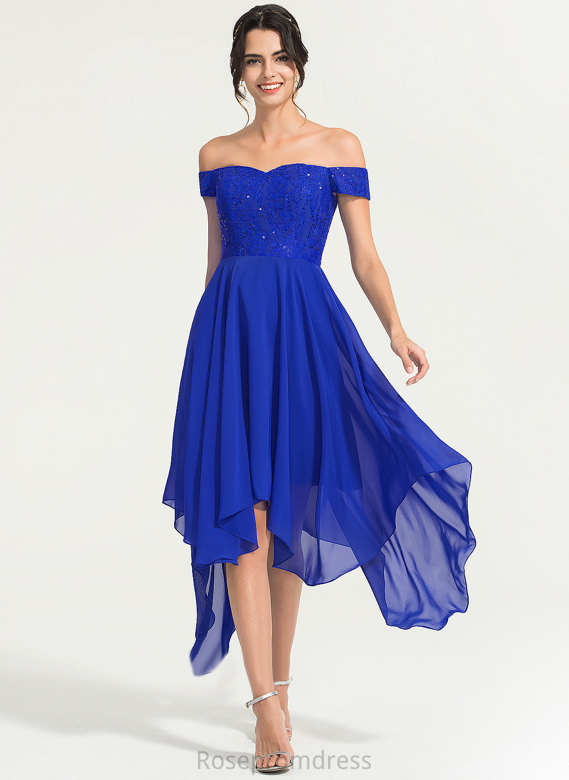 A-Line Lace Cocktail Dresses Off-the-Shoulder Beading Cocktail Asymmetrical Chiffon Frida Dress With