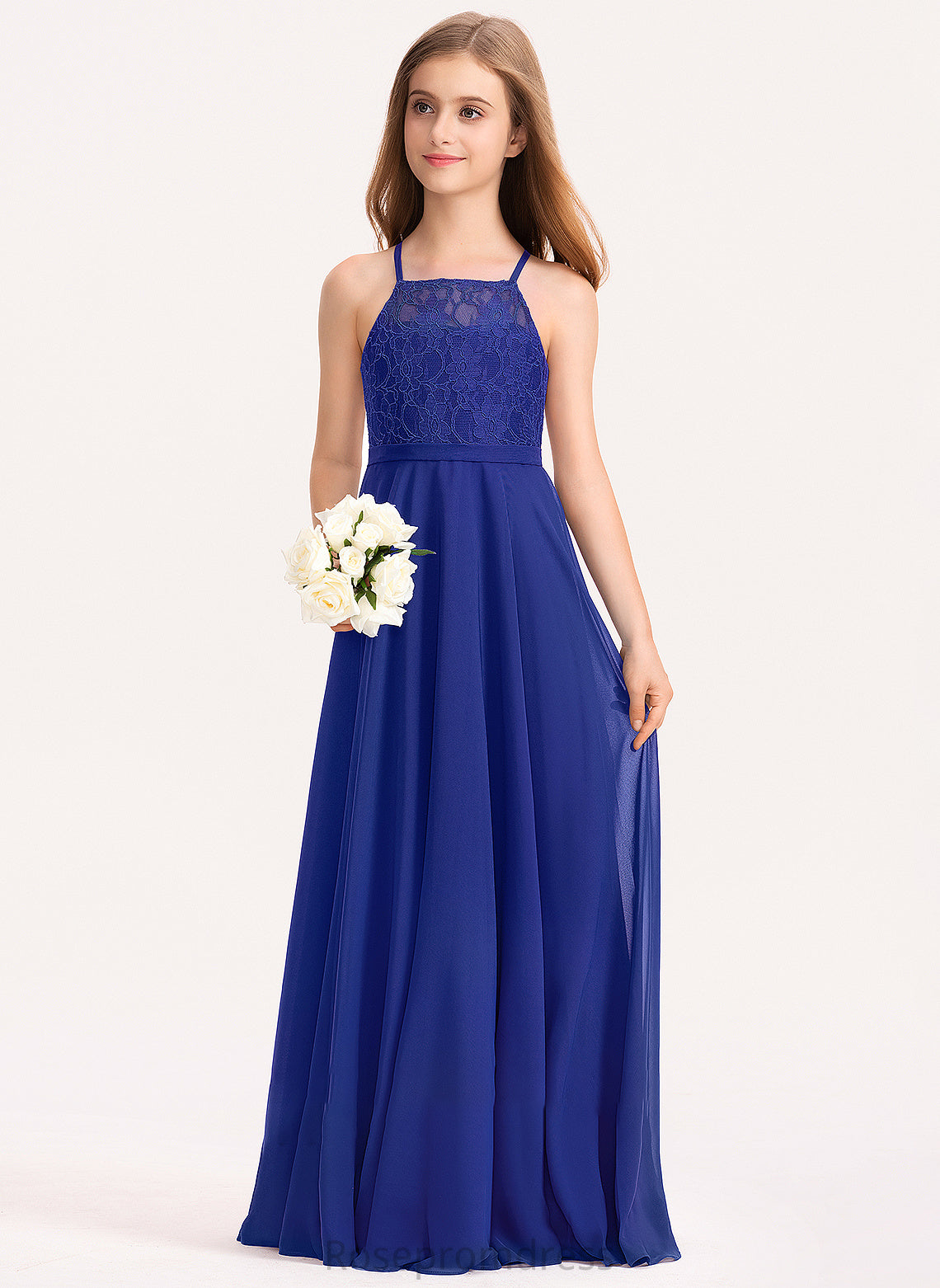 Junior Bridesmaid Dresses Vivian Neckline Lace Square Floor-Length Chiffon A-Line