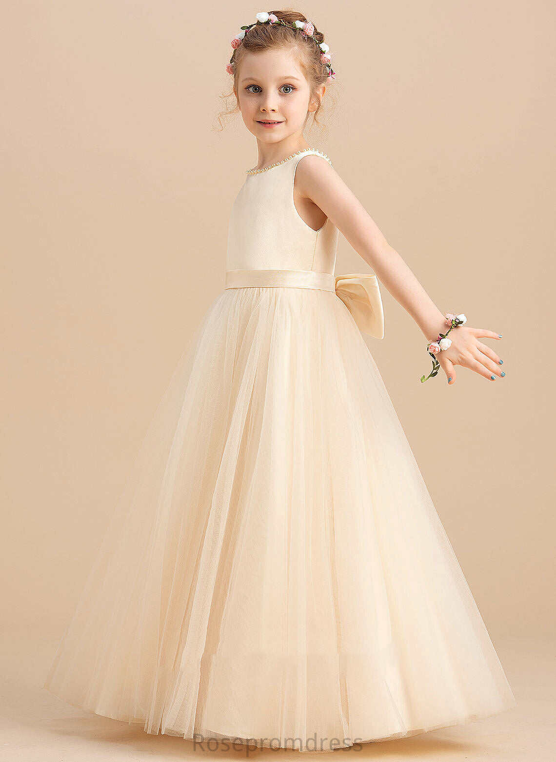 Flower Girl Dresses Sleeveless Satin/Tulle Girl With Floor-length Lilia Beading/Bow(s) Scoop - Ball-Gown/Princess Neck Dress Flower