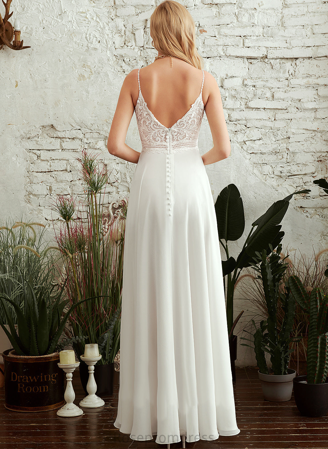 Chiffon Lace A-Line With Split Wedding Dresses Front V-neck Wedding Dress Catherine Floor-Length