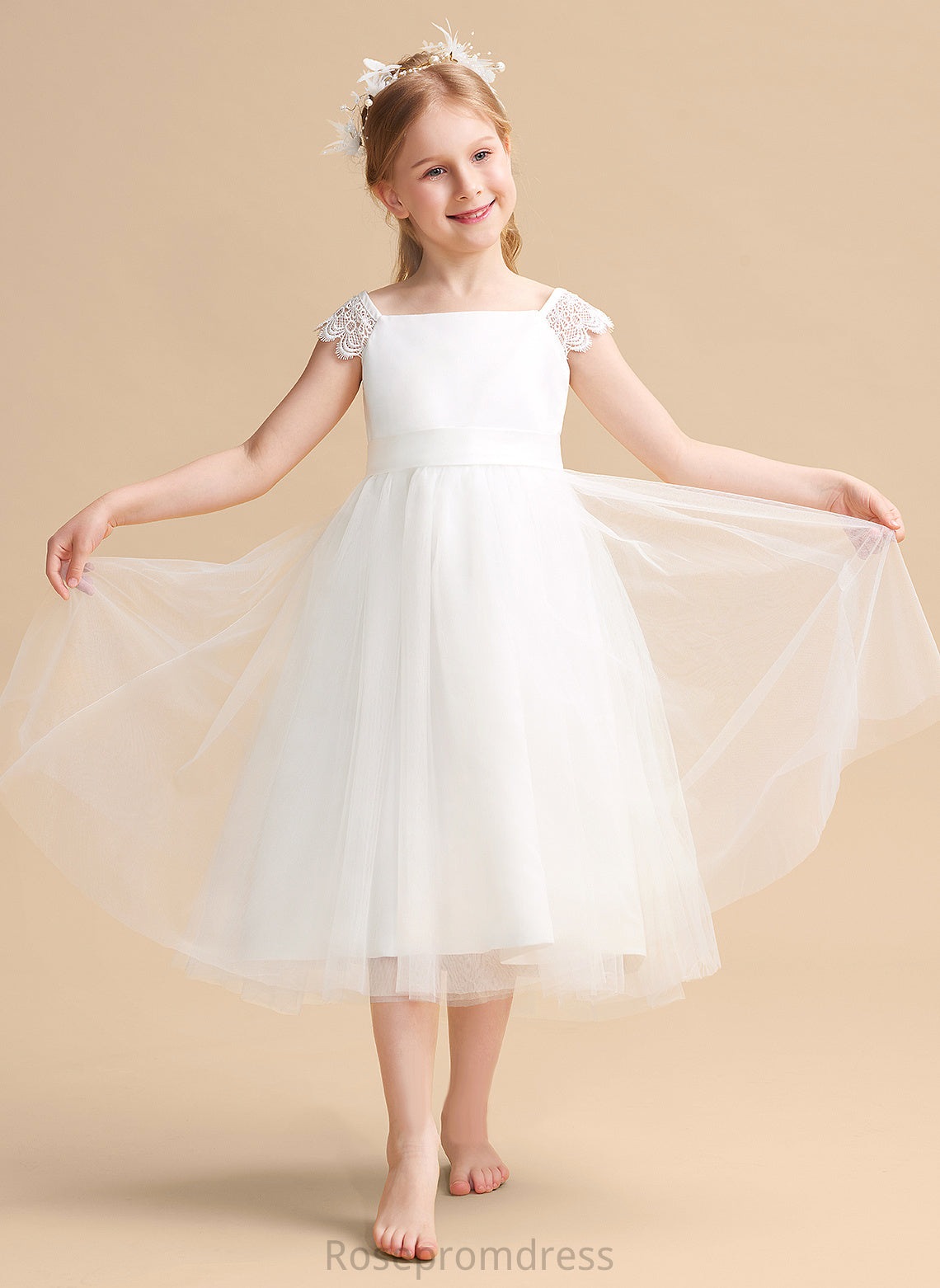 Neckline Flower Lace/Sash Sleeveless Dress Flower Girl Dresses Moriah Girl With - Square Tea-length Satin/Tulle A-Line