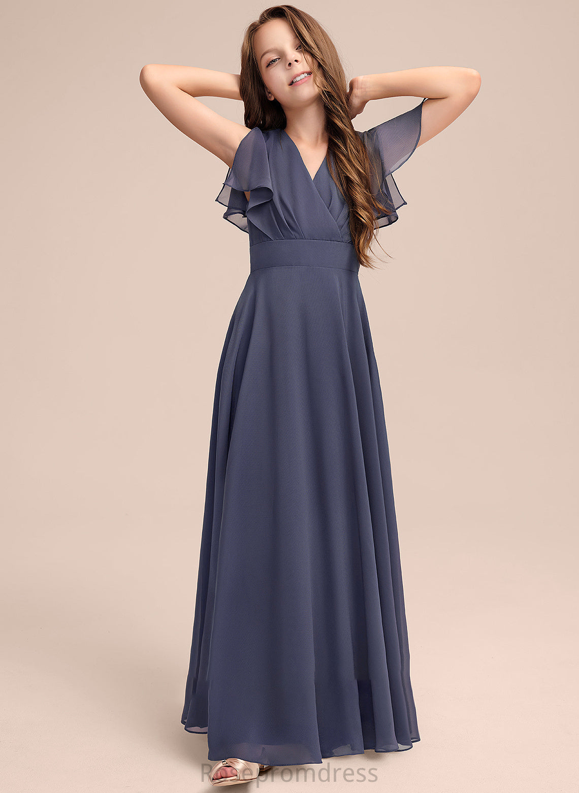 With Nicky V-neck Floor-Length Bow(s) A-Line Ruffle Junior Bridesmaid Dresses Chiffon