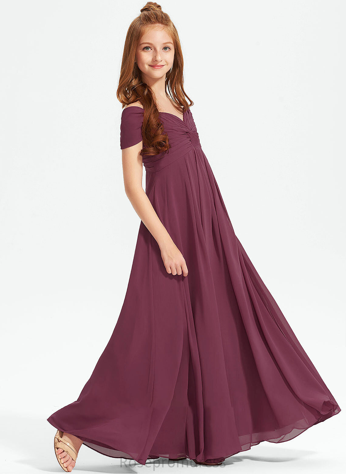 Ruffle Chiffon Floor-Length Juliet Junior Bridesmaid Dresses Off-the-Shoulder With A-Line