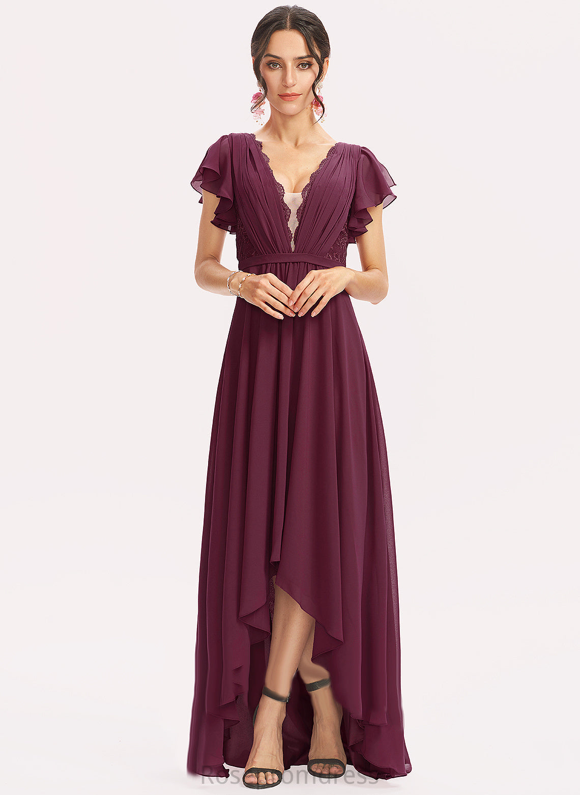 Ruffles A-Line Cocktail Cascading Dress Lindsey Asymmetrical Lace Chiffon Cocktail Dresses With V-neck