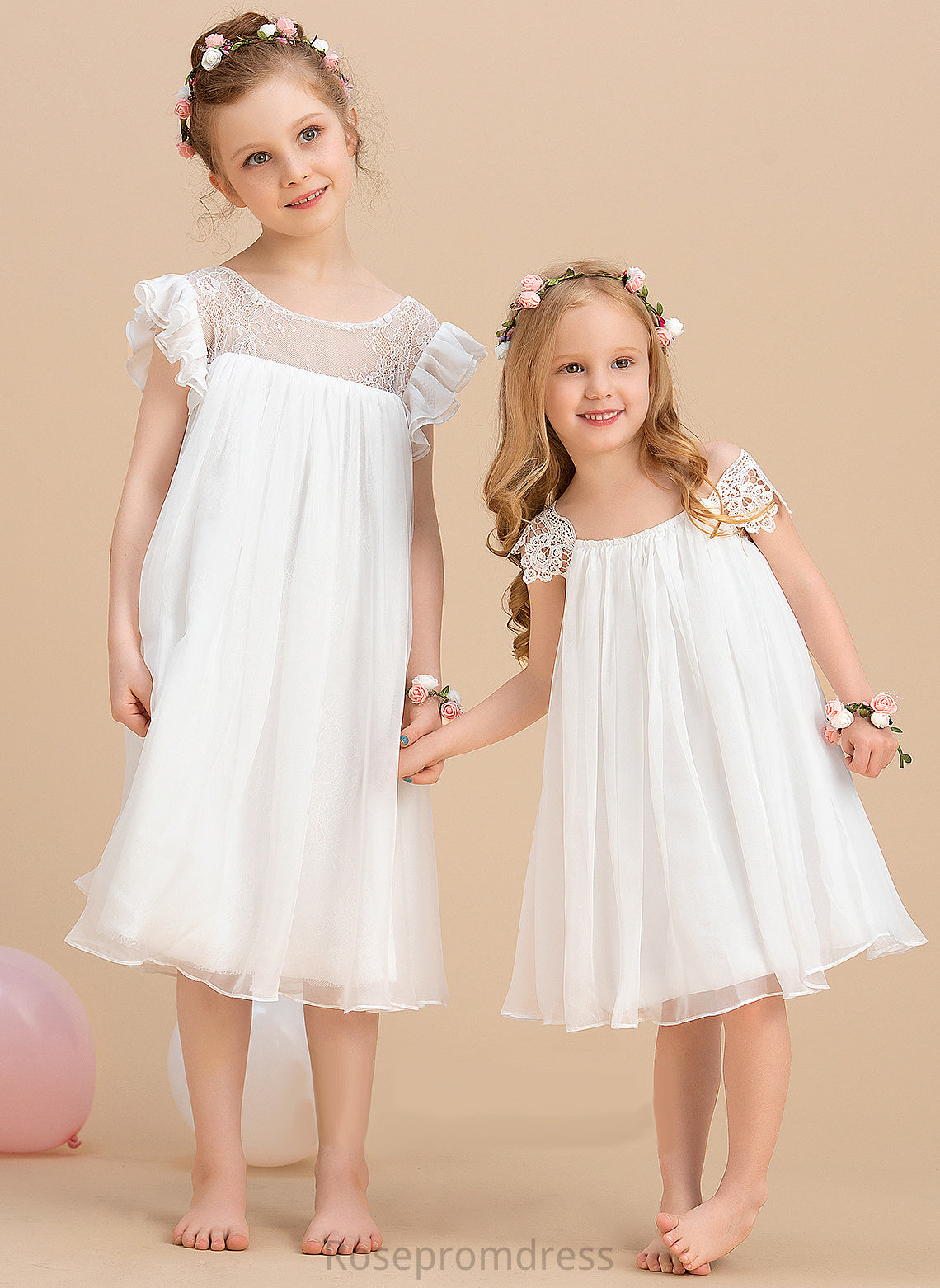 A-Line/Princess - Girl Sleeveless Dress Neck Scoop Flower Girl Dresses Nora With Tea-length Lace Chiffon Flower