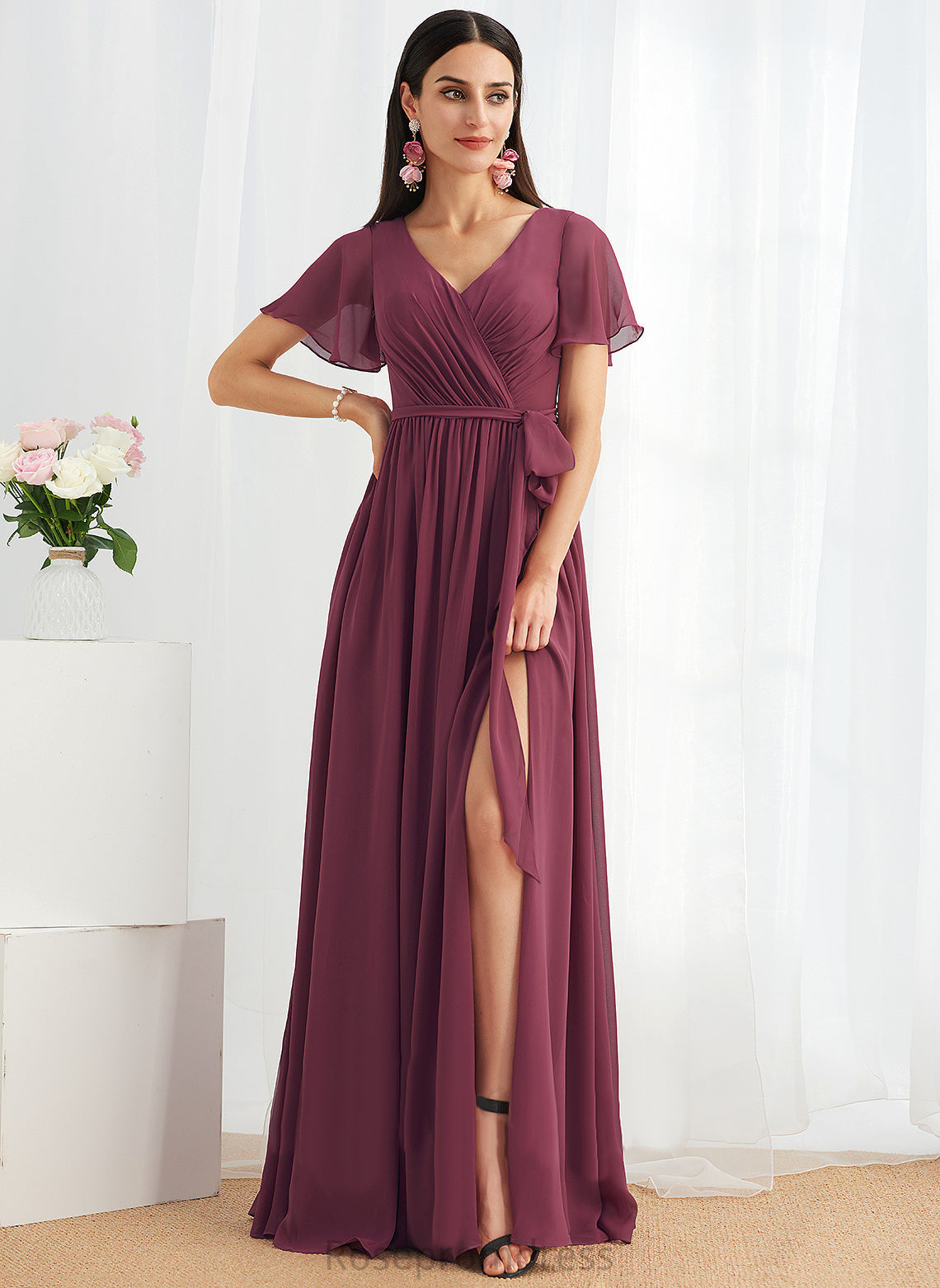 V-neck Length Neckline A-Line Fabric Floor-Length SplitFront Silhouette Embellishment Maureen A-Line/Princess Floor Length Bridesmaid Dresses