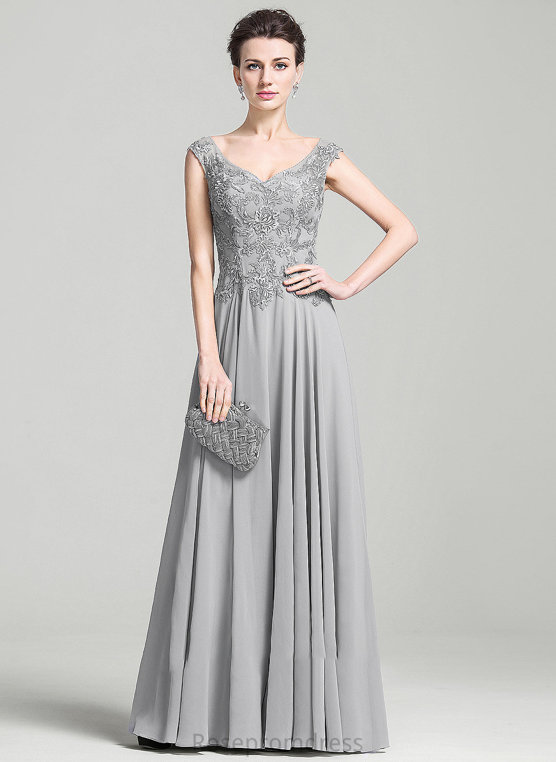 With Appliques Chiffon Mother Lace Floor-Length A-Line Kyla Dress V-neck the of Bride Mother of the Bride Dresses