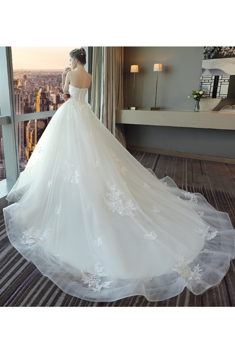 Ball Gown Tulle Wedding Dresses Strapless Appliques Beads Court Train