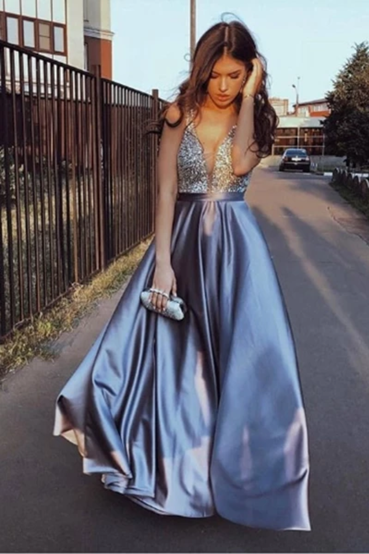 Floor Length V Neck With Beading, A Line Cheap Prom Dresses