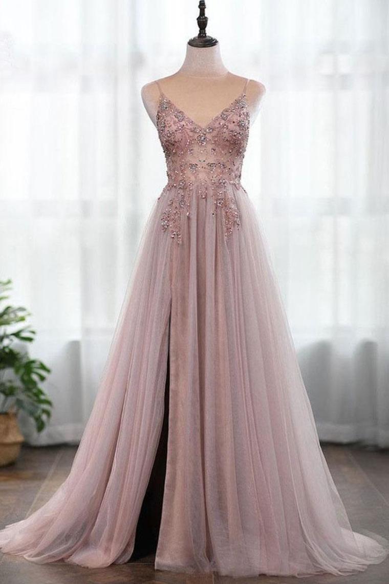 Spaghetti Straps Gorgeous Beading Prom Dress A Line Split Tulle Evening Dresses