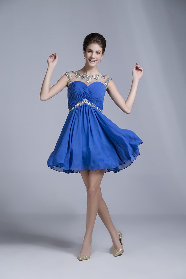 2024 Homecoming Dresses Short/Mini Rulffled&Beaded Chiffon Dark Royal Blue