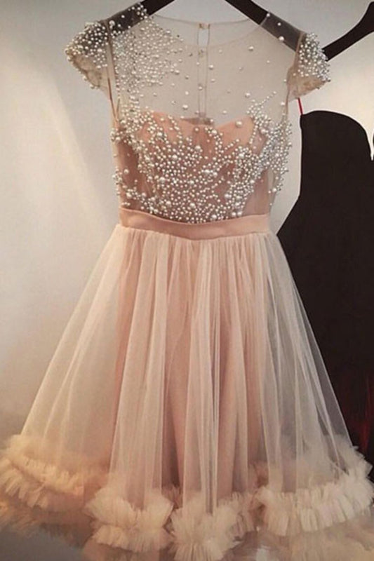 2024 Scoop Short Sleeves Homecoming Dresses A Line Tulle With Beading