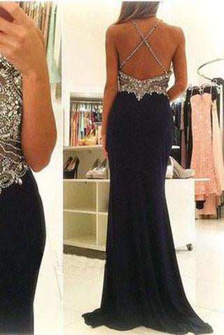 Halter Beading Mermaid Sexy Real Made Criss Cross Scoop Sleeveless Prom Dresses L09