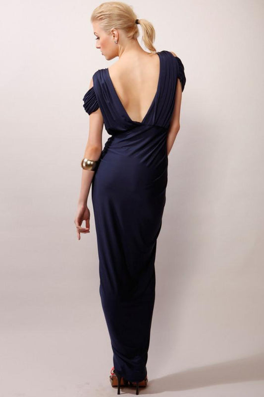 A-Line V-Neck Boho Navy Jersey Beach Cheap Popular Open Back Chiffon Bridesmaid Dresses RS516