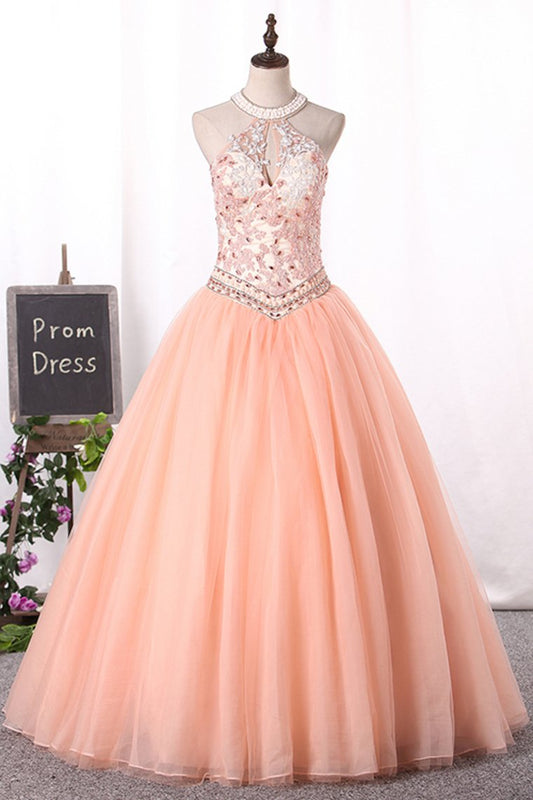 2024 Quinceanera Dresses Ball Gown High Neck Tulle With Applique Lace Up