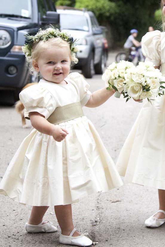 Vintage Juliet Sleeves Tea Length Round Neck Satin Flower Girl Dresses, Little Dresses SRS15606