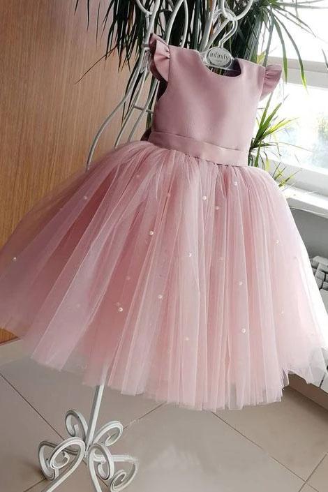 Lovely Pretty Pink Round Neck Tulle Flower Girl Dresses, Cheap Wedding Little Girl SRS15258