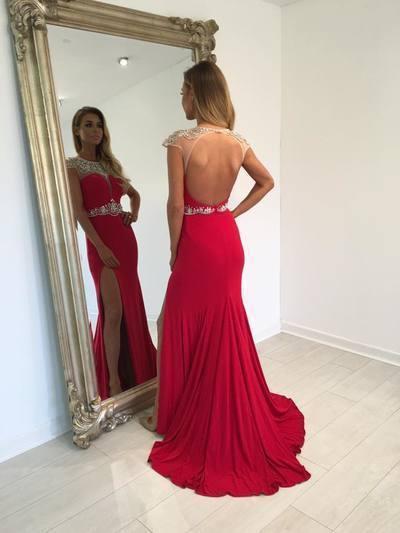 Backless Beading Mermaid Real Made Long Open Back Scoop Slit Cap Sleeve Evening Dresses L46