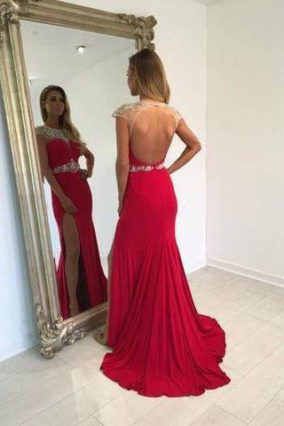 Backless Beading Mermaid Real Made Long Open Back Scoop Slit Cap Sleeve Evening Dresses L46