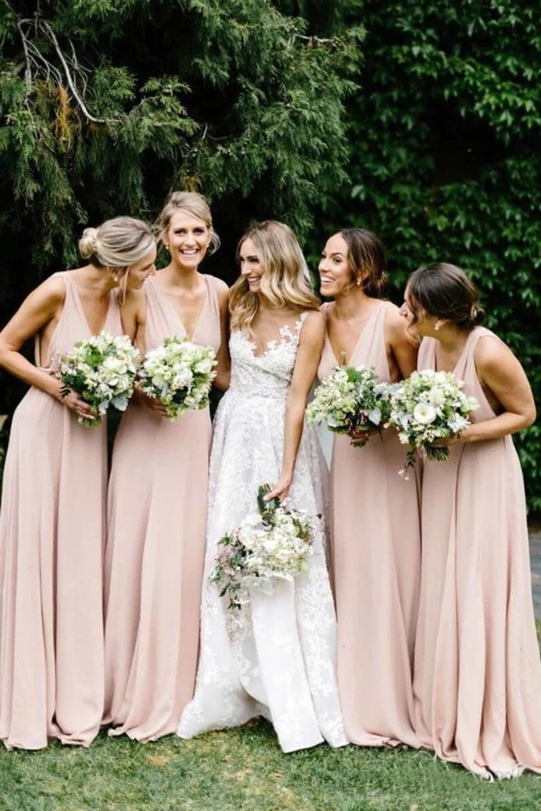 Simple V Neck Bridesmaid Dresses Cheap Sweep Train Chiffon