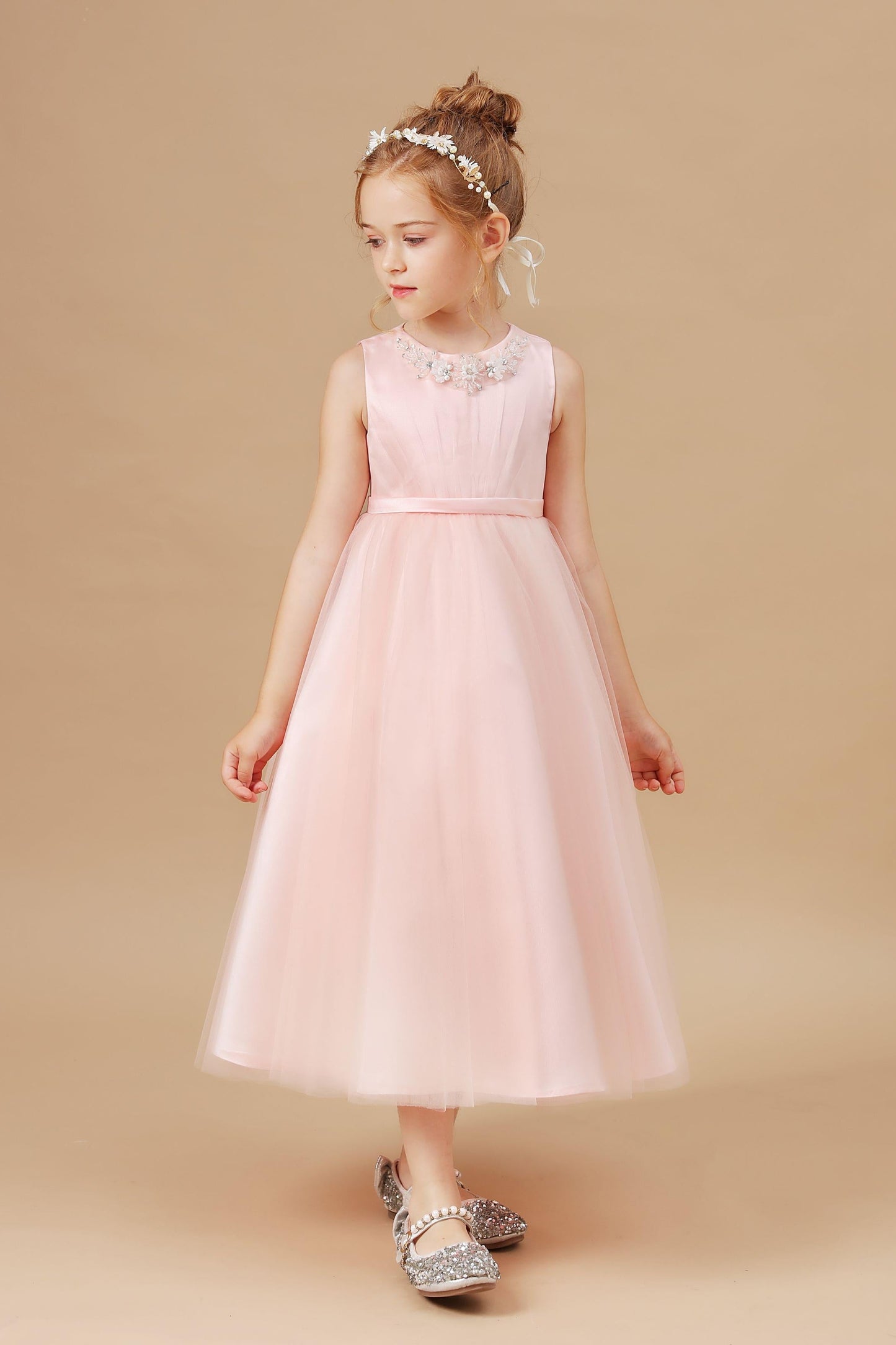 Sleeveless Applique Tulle Crepe Satin Flower Girl Dresses With Bowknot