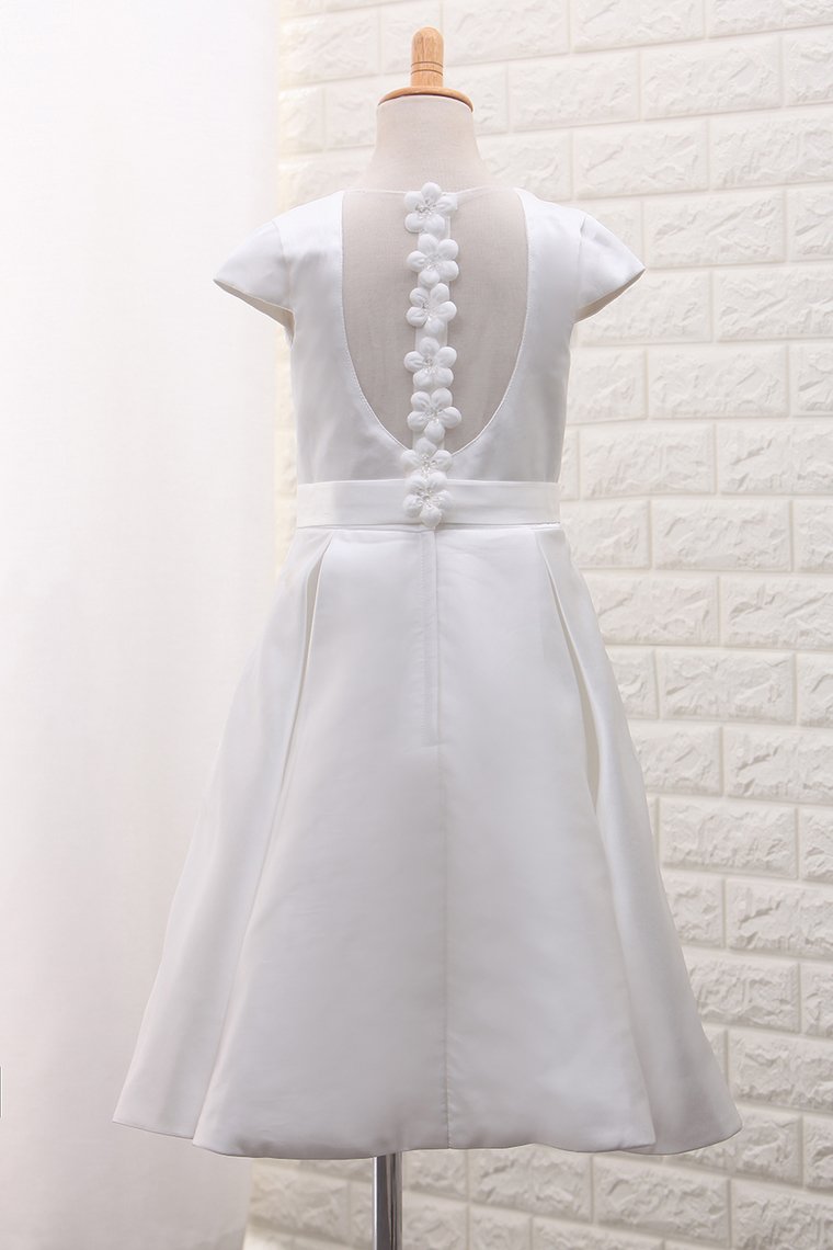 2024 New Arrival Satin A Line Scoop Flower Girl Dresses With Handmade Flowers