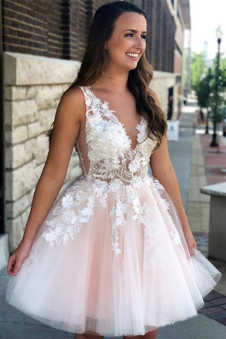 See Through Appliqued Homecoming Dresses V Neck Short Dress