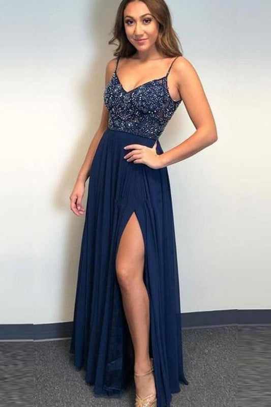 Spaghetti Strap Floor Length Prom Dresses With Slit V Neck Beads