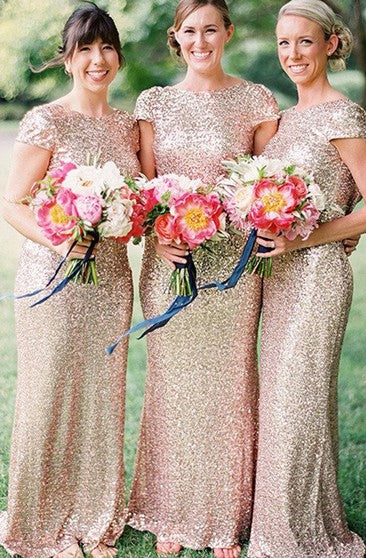 Sequin Short Sleeve Cap Sleeve Mermaid Backless Gold Long Cheap Bridesmaid Dresses RS52