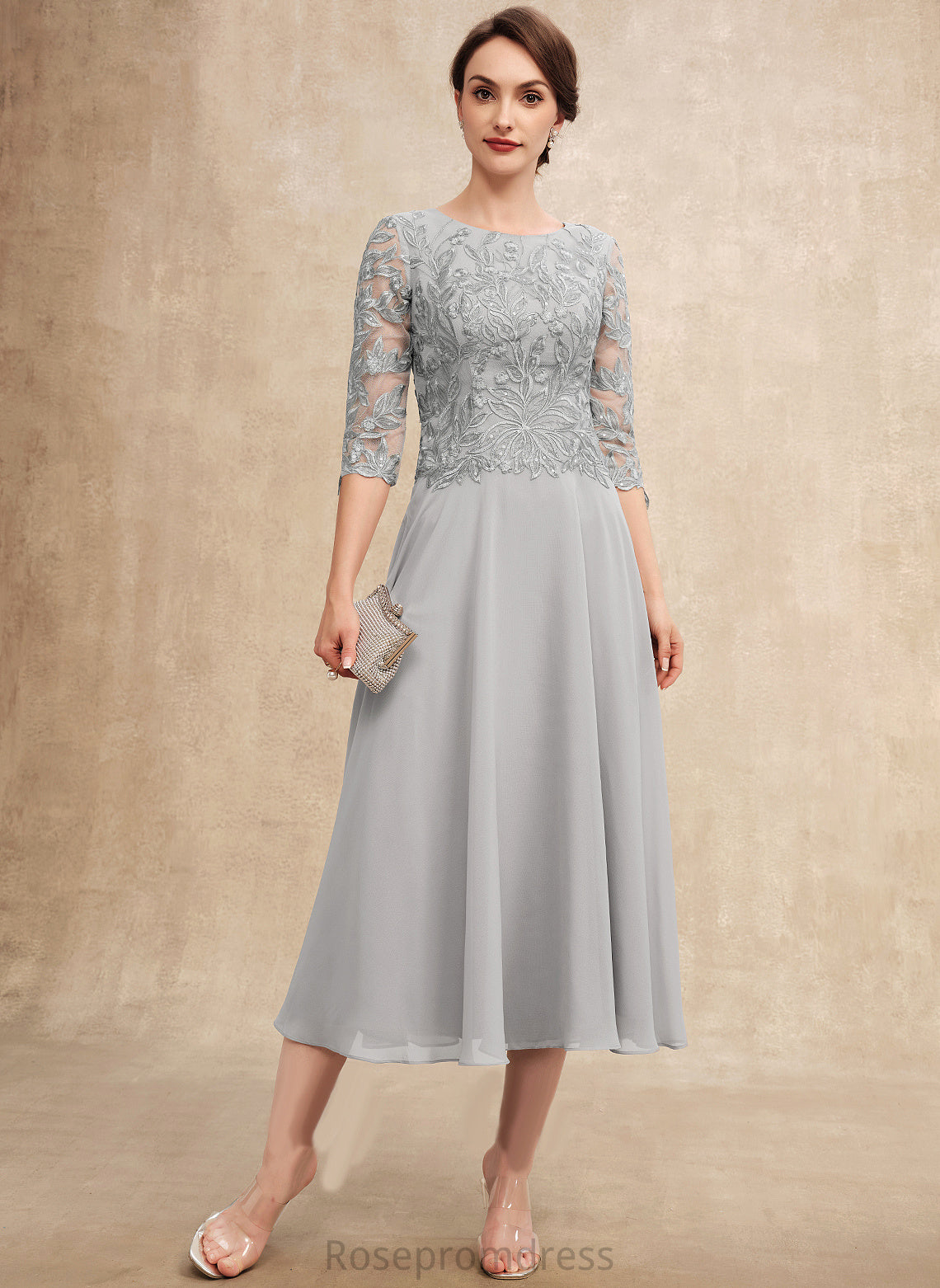 Mother With Bride Scoop of Chiffon Mother of the Bride Dresses Jeanie Sequins Lace the A-Line Tea-Length Dress Neck