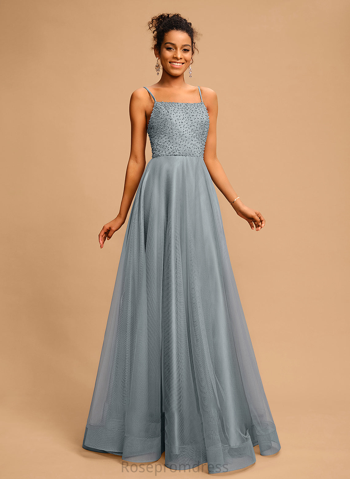 Prom Dresses Sequins Gabrielle Square Floor-Length Beading Neckline Tulle Ball-Gown/Princess With