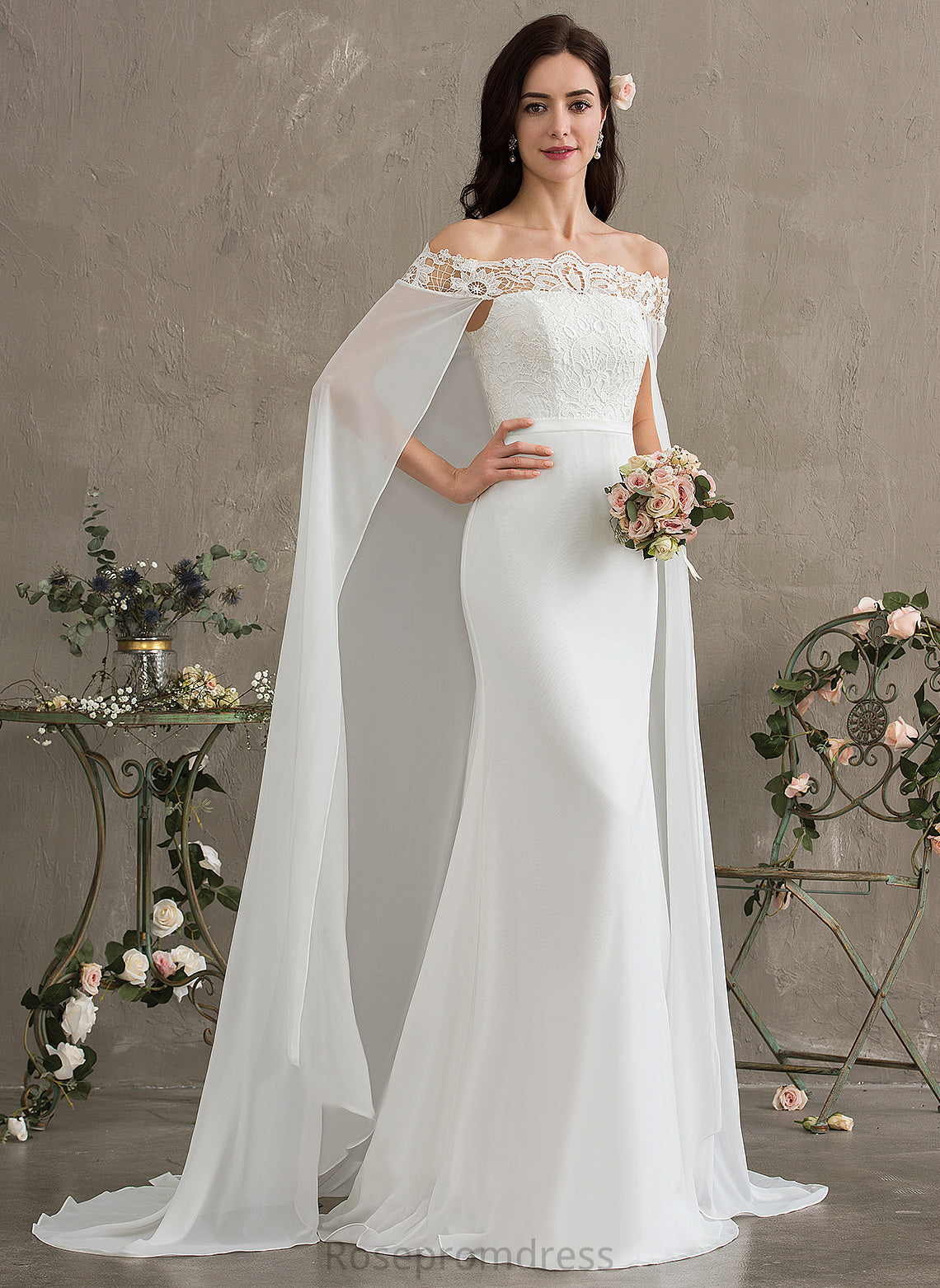 Dress Wedding Dresses Train Off-the-Shoulder Lace With Lace Wedding Court Val Sheath/Column Chiffon