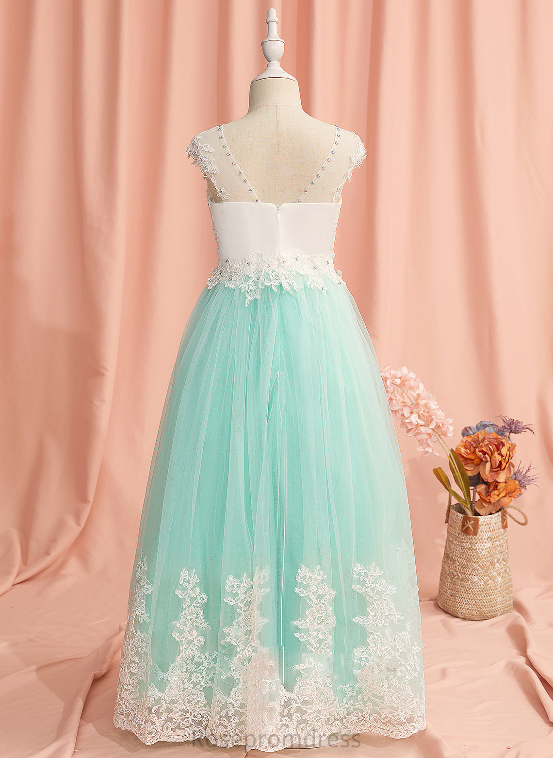 Sleeveless Scoop Lace/Beading/Bow(s)/V - Dress Tulle Flower Girl Dresses Floor-length Savannah Neck With Back Ball-Gown/Princess Flower Girl