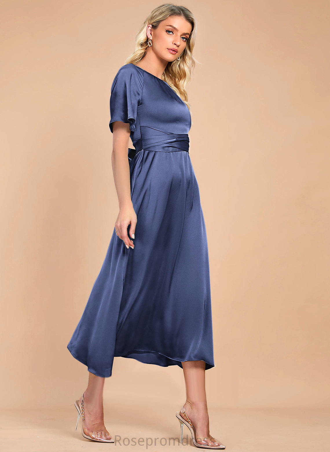 Sleeves Round Elegant Neck Luna A-line Midi Short Club Dresses Satin Dresses