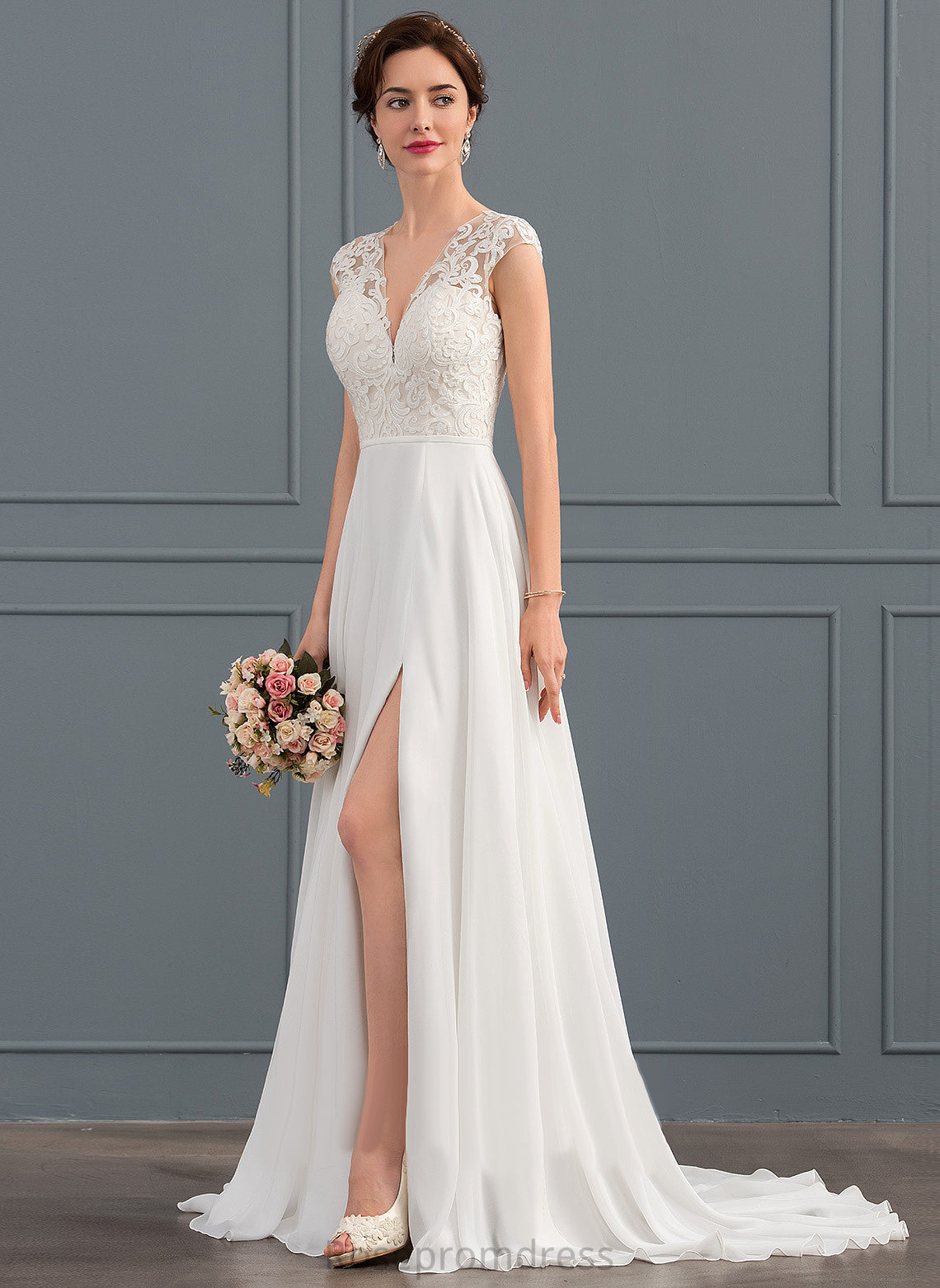 Train Wedding Sweep Wedding Dresses Chiffon A-Line Split Front With Lace Anya V-neck Dress