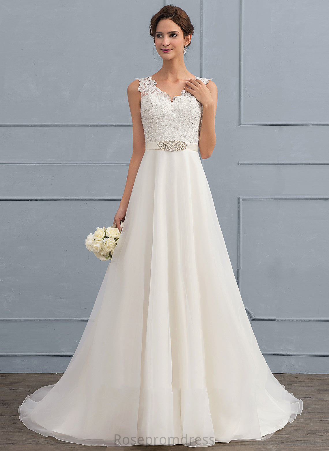 Wedding Dresses Allison A-Line Dress Sweep Beading Organza Lace With Bow(s) Wedding V-neck Train