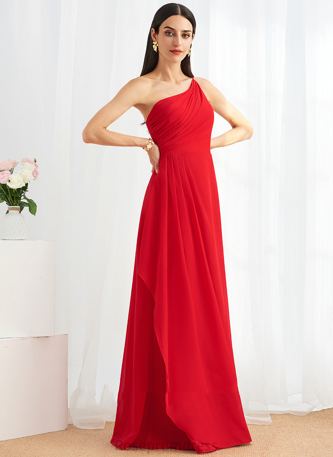 Length Neckline Silhouette Floor-Length One-Shoulder SplitFront Ruffle Embellishment A-Line Fabric Cameron V-Neck Bridesmaid Dresses