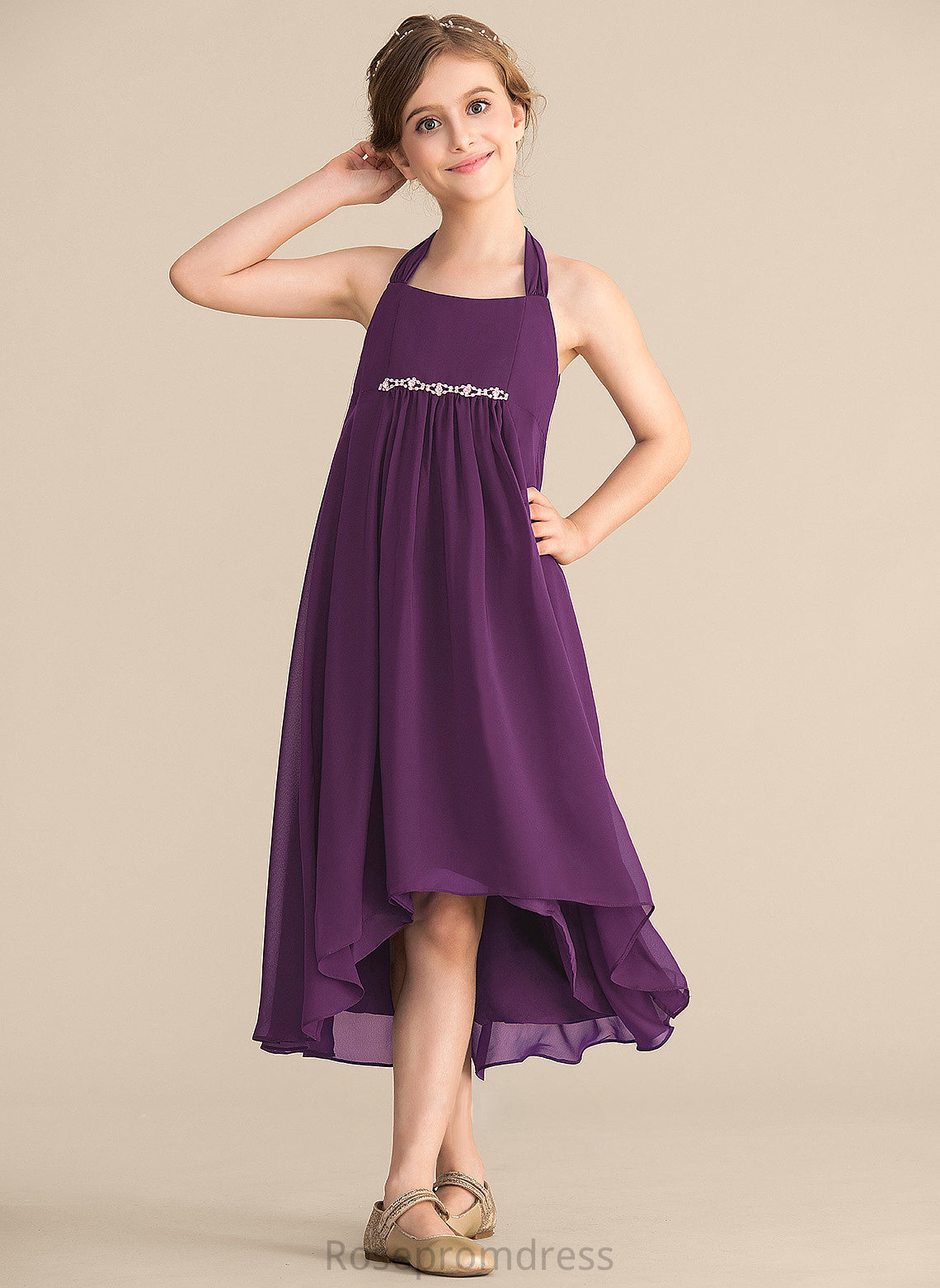 Junior Bridesmaid Dresses Chiffon Asymmetrical Empire Bow(s) Gill Beading Halter With