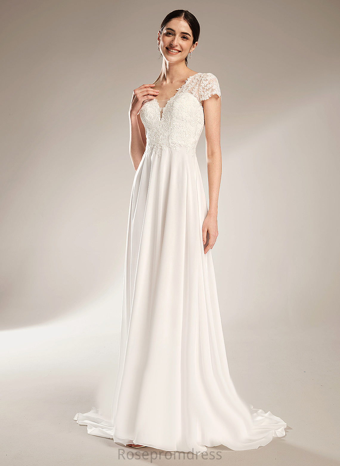 Wedding Melany Chiffon Bow(s) Lace Wedding Dresses V-neck A-Line Court With Dress Train