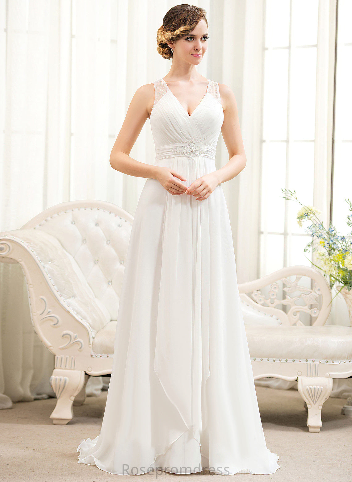 Cascading Perla Wedding Dresses Train Beading Chiffon V-neck Ruffles Sweep Tulle A-Line Wedding With Sequins Dress