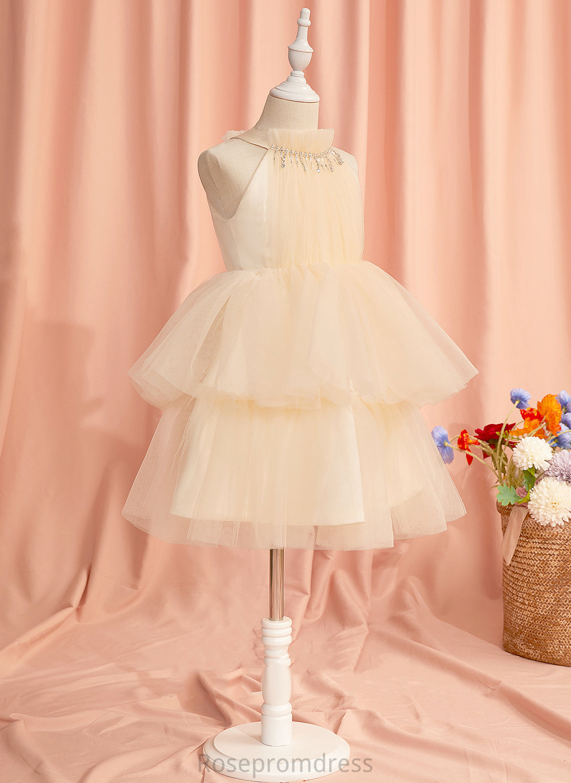 Dress Sleeveless High Tulle Mareli - Ball-Gown/Princess Flower Girl Dresses Neck Knee-length Rhinestone Flower With Girl