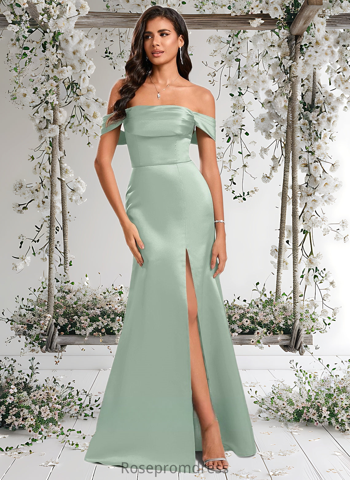 Evelin Trumpet/Mermaid Off the Shoulder Square Floor-Length Satin Prom Dresses With Ruffle DSP0025883