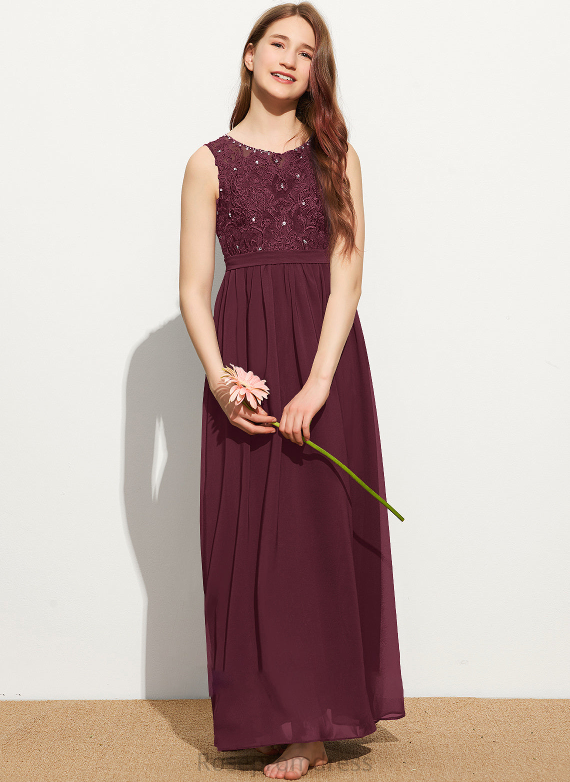 Scoop Lace Junior Bridesmaid Dresses Neck A-Line Beading With Chiffon Sequins Floor-Length Kendal