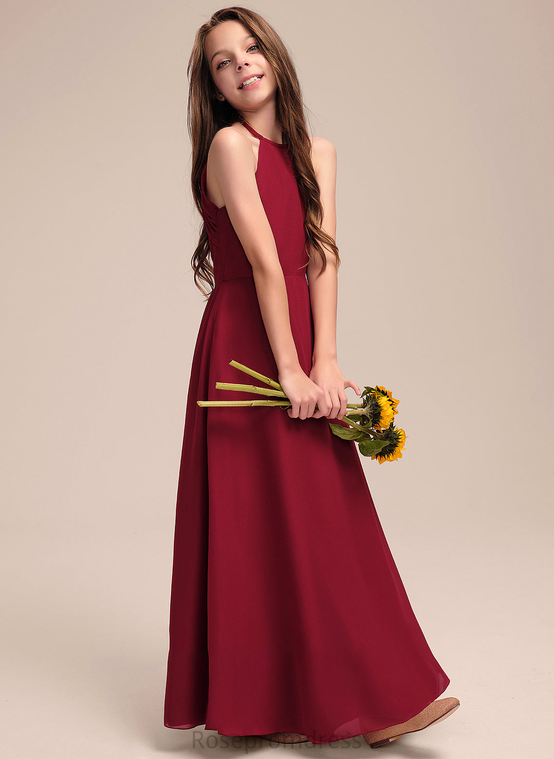 Floor-Length Scoop Setlla Junior Bridesmaid Dresses Chiffon A-Line Neck