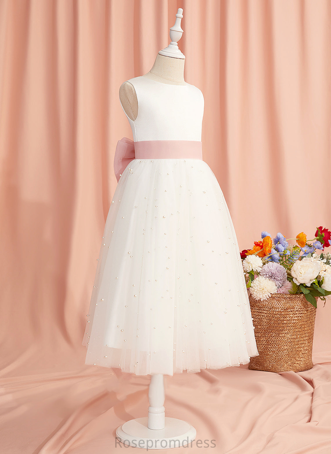 Neck Dress Tea-length With Back Scoop Girl A-Line Flower Sash/Bow(s)/V Flower Girl Dresses - Sleeveless Kaydence Satin/Tulle